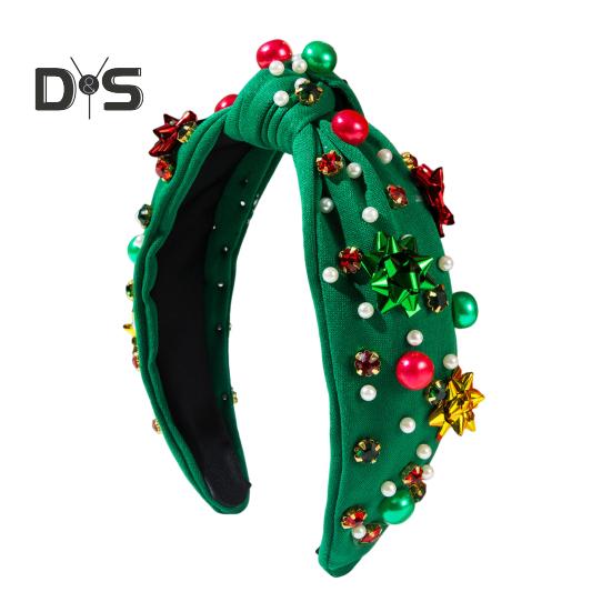 

Женский обруч для волос со стразами, искусственный жемчуг, рождественская повязка на голову, красный, зеленый, пэчворк, цветной головной убор, праздничный аксессуар зелёный