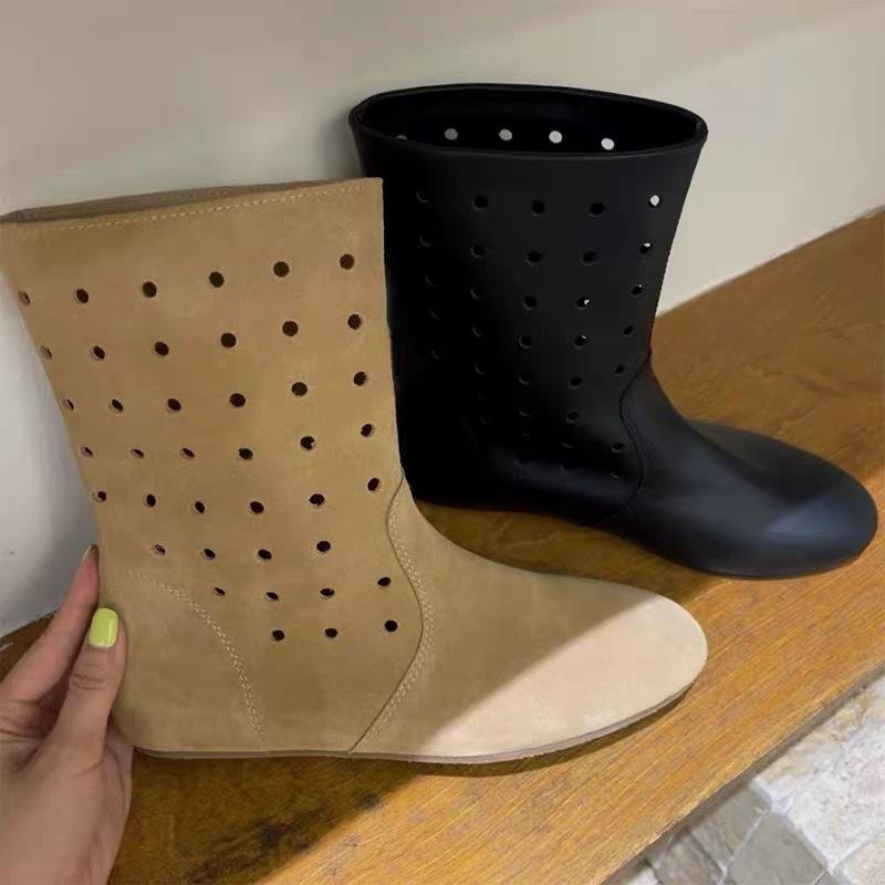 Round Head Hollow Fashion Medium Boots Autumn and Winter Leather Martin Boots Suede Boots