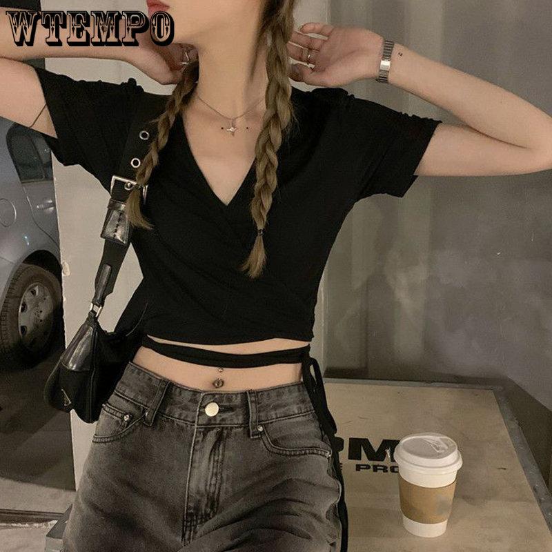 WTEMPO Ummer Casual Tees Women Solid V-neck Cropped Tops Cross Tie-Up Harajuku Basic Korean T-Shirts Streetwear