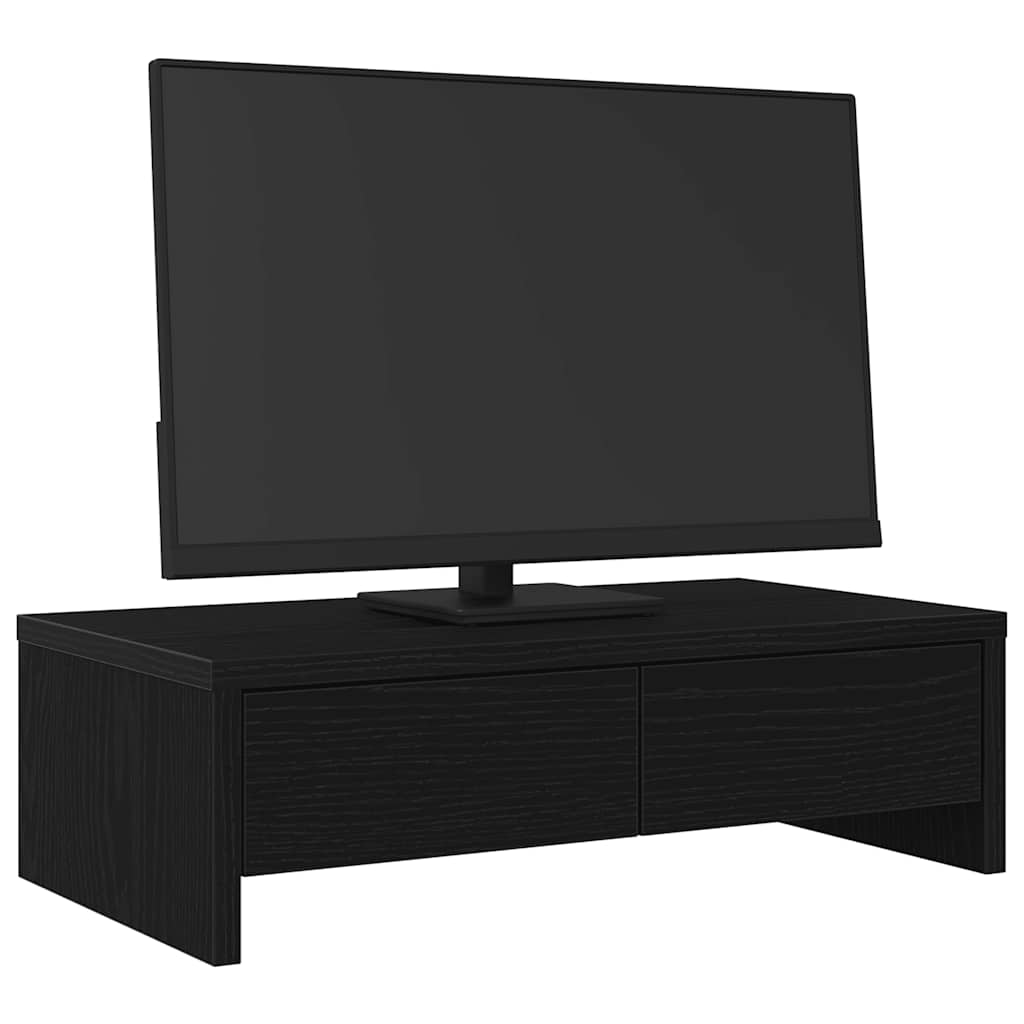Dual Monitor Stand with Drawers Black Oak Effect 50 X 27 X 15 Cm