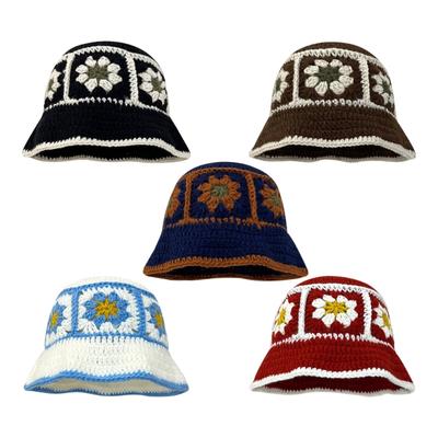 Summer Sunproof Crochet Bucket Hat Ladies Spring Commute Camping Fisherman Cap with Flower Pattern for Girlfriend