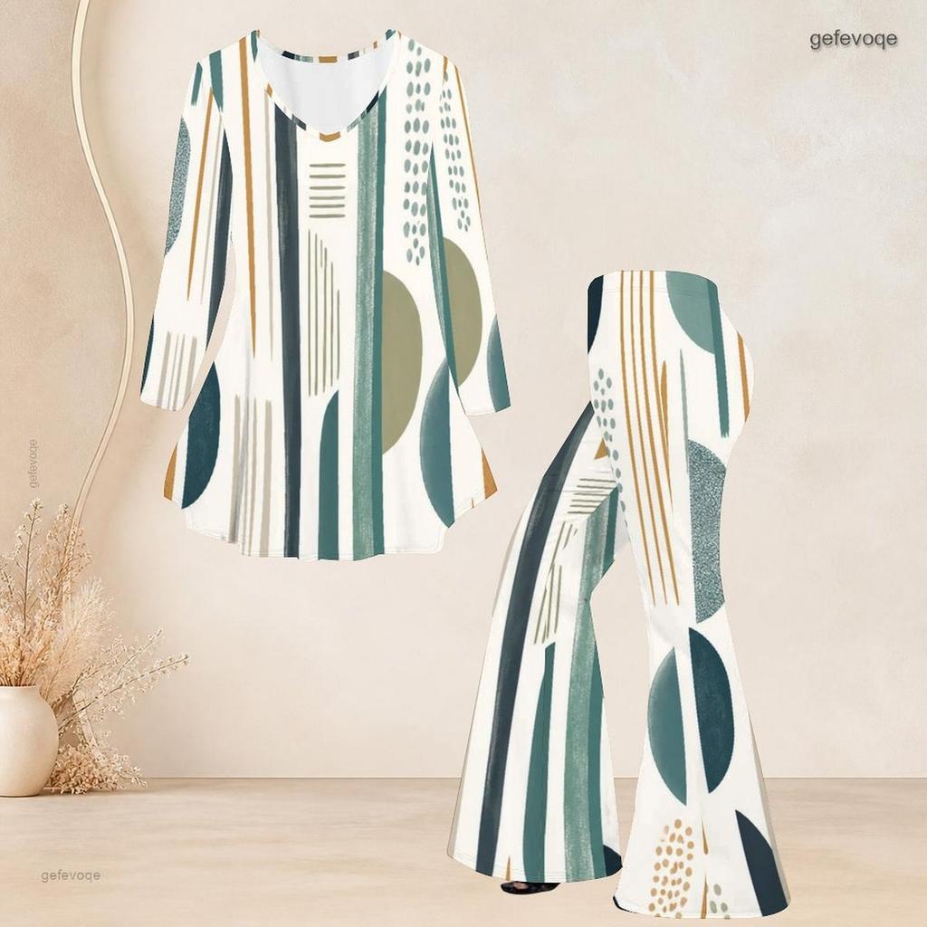 Women Plus Size Printed V Neck Three Quarter Sleeve Flared Top And Flared Pants Two Piece Set