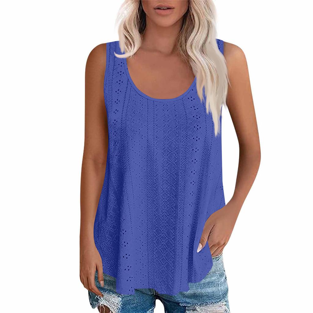 Sleeveless Eyelet Lace Tank Top for Women Casual Summer Scoop Neck Loose Fit Blouse Hollow Out Lightweight Shirt