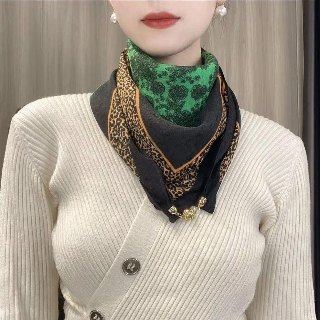 Chic Autumn/Winter Silk Scarf with Magnetic Golden Ball Clasp – Korean Style Neck Warmer