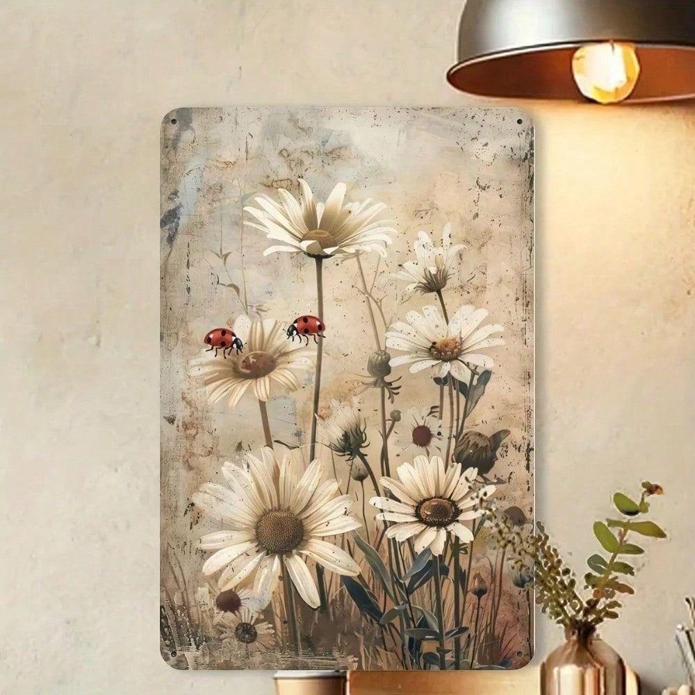 Vintage Rusty Metal Wall Art Daisy Ladybug Decor for Home Cafe