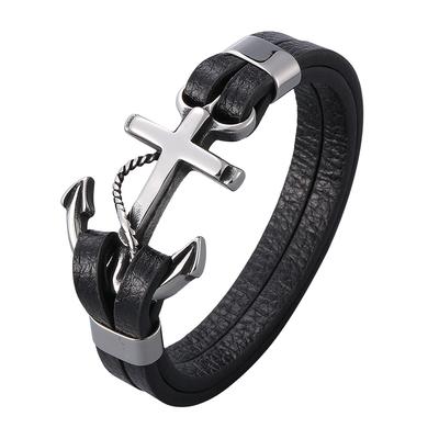 Pulsera de Moda para Hombre Cruz Ancla Pulsera de Cuero Azul Marino Punk Hip Hop Pulseras de la Amistad Joyería