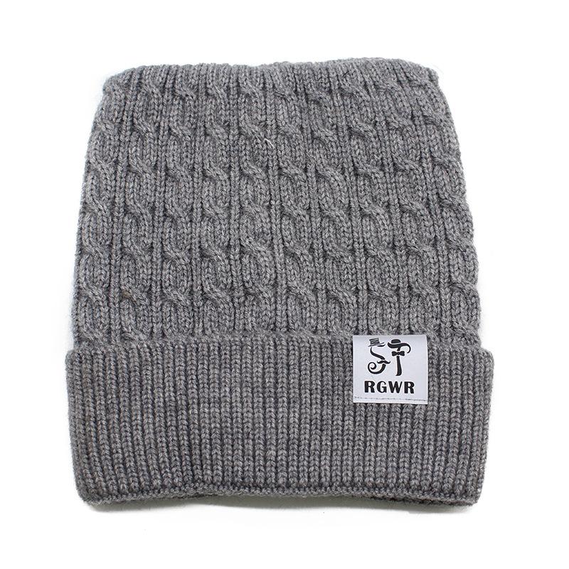 Однотонная вязаная шапка с косами, Утолщенная теплая шерстяная шапка с ушками кошки и буквенной этикеткой для мужчин и женщин M（56-58cm）