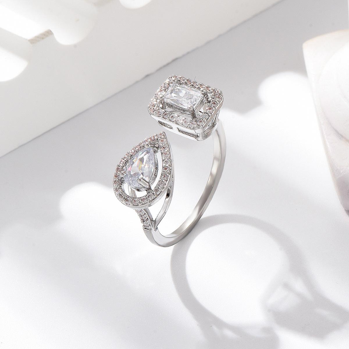 Fashion Micro-Inlaid Zircon Water Drop Square Light Luxury High-End Design Light Luxury Open Ring Women