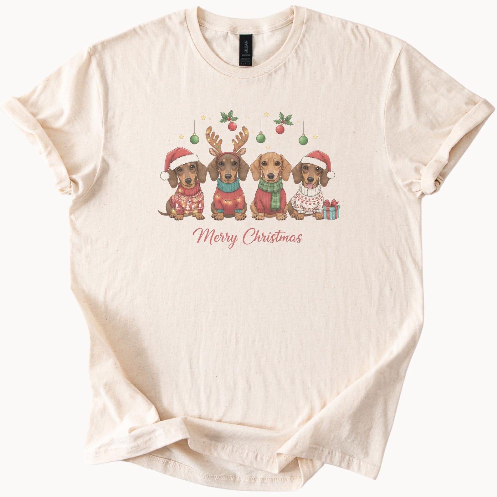 Dachshund Christmas Shirt Cute Holiday Wiener Dog Graphic Tee Merry Christmas Design Santa Hat Antlers Festive Ornament Present Shirt Gift 120