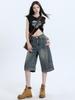 Inverted Hem Wide-Leg Six-Point Jeans - Trendy, Loose, Cool Mid-Length Pants