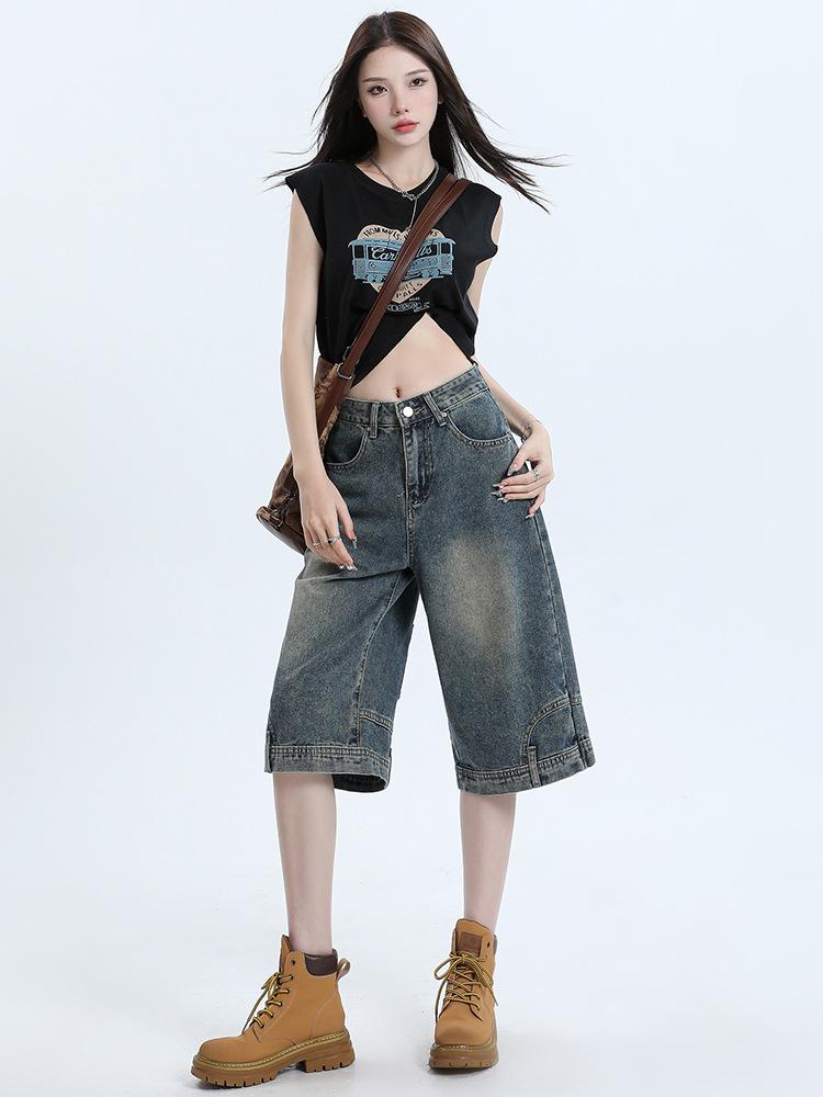Inverted Hem Wide-Leg Six-Point Jeans - Trendy, Loose, Cool Mid-Length Pants