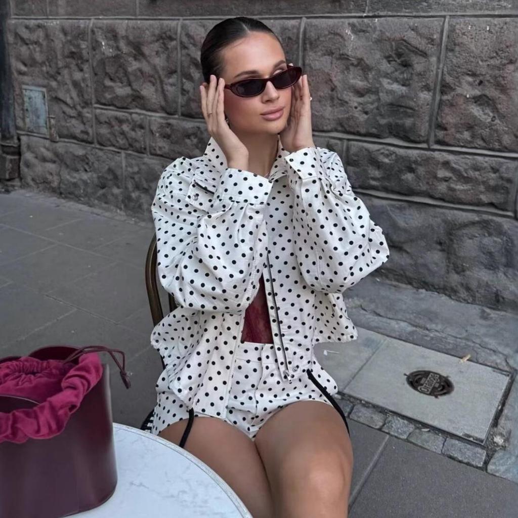 European & American Style Women's Polka Dot Bubble Jacket with Stand Collar