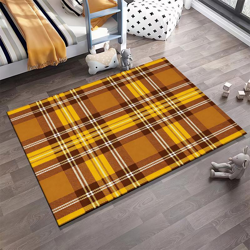 Plaid Check Pattern Carpet In Yellow and Brown Modern Design Suitable for Use As an Anti-slip for Living Room Bedroom Sofas
