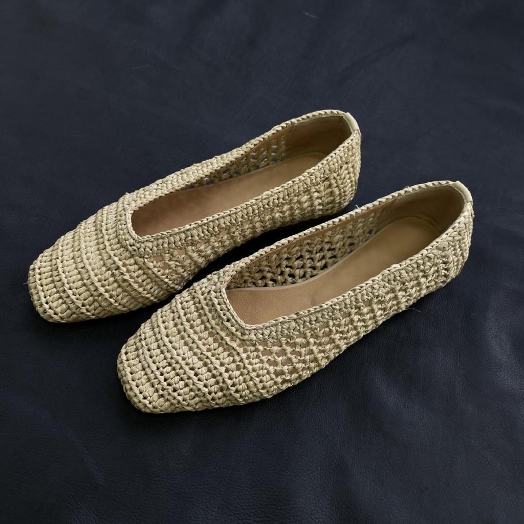 Fårskinnsversion~ nisch retrostil raffia ihåligt vävda plattbottnade enskor damskor grund mun fyrkantig tå mormorsskor damskor