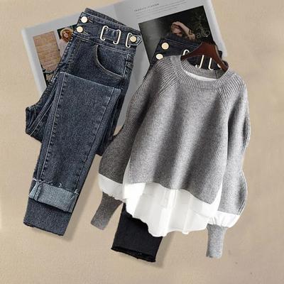 Women's Spring and Fall Suit Plus Size Round Neck Long-sleeved Top + Skinny Jeans Two-piece Set