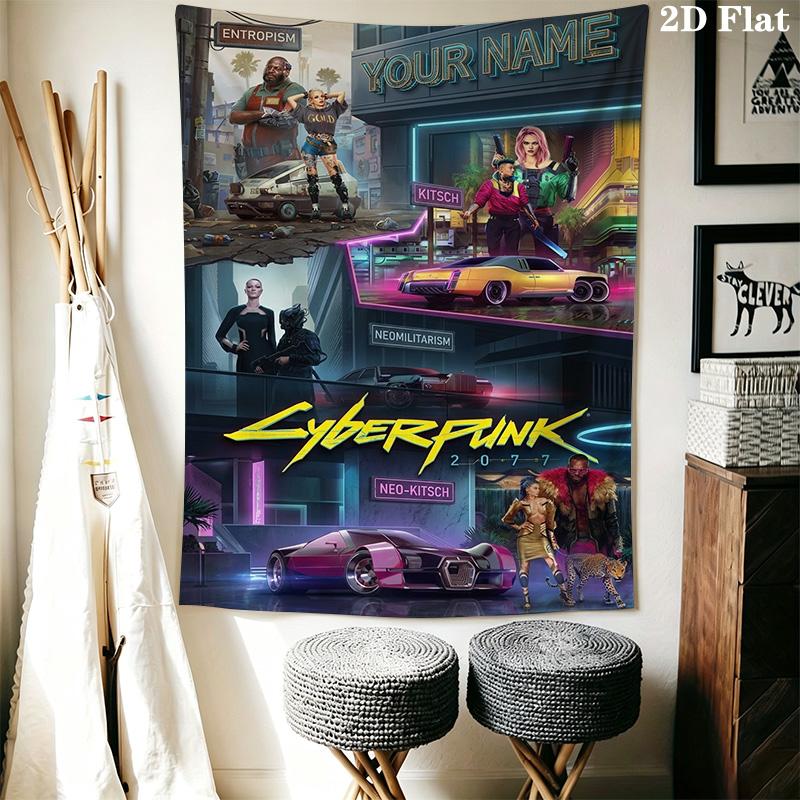 Name Custom Cyberpunk 2077 Wall Tapestry Aesthetic Wall Hanging Printed Fabric Blanket Decorative Tapestries for Bedroom Living Room Home Decor