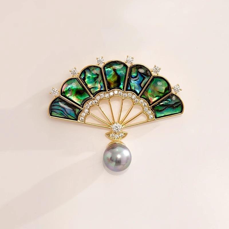 Chinese  Abalone Shell Fan Shaped Imitation Pearl Brooches For Unisex Popular Pins Jewelry Decoration Suit Party Gift