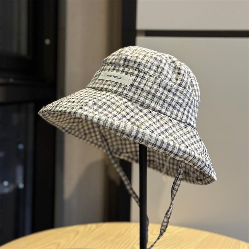 

New Korean-style plaid fisherman hat for women, summer sun protection bucket hat, suitable for large head circumference, makes the face look smaller, Adult54-60Adjustable чёрный