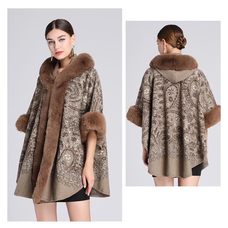Winter Women's Shawl Cape Fur Collar Jacquard Hooded Large Size Seven-point Sleeves Tweed Jacket Cardigan