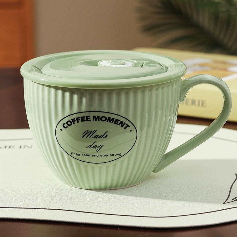 Keramik 700ml Schüssel/Tasse mit großem Fassungsvermögen mit Deckel und Löffel, mit Vintage-Textur; geeignet für Suppe, Kaffee oder Instantnudeln.