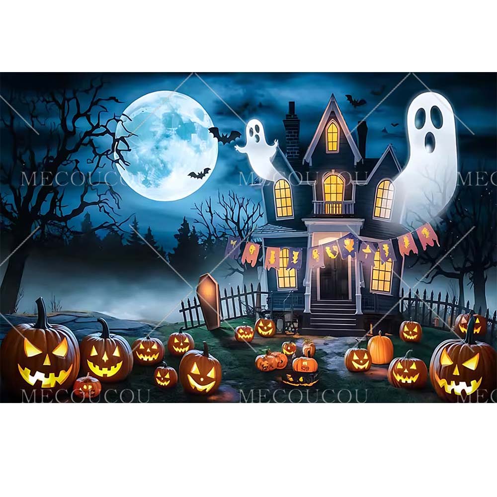 Halloween Backdrop Horror Night Full Moon Pumpkin Skull Castle Cemetery Halloween Party Adult Kids Background Decor Customized