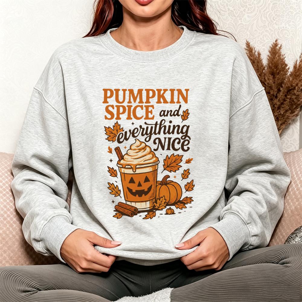 PUMPKIN SPICE and Everything NICE Retro Fall Sweatshirt Women Halloween Pumpkin Coffee Print Pullover Autumn Holiday Daily Wear
