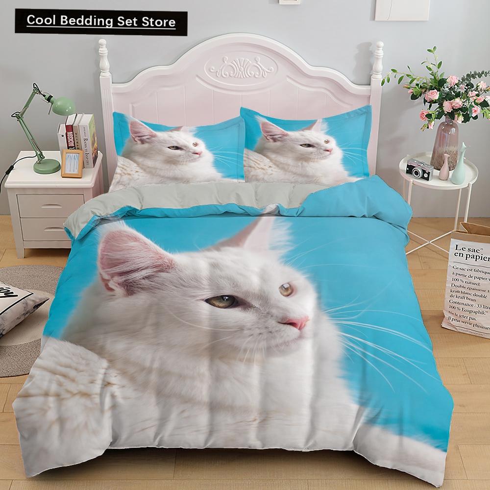 White Cat King Queen Duvet Cover Kawaii Pet Kitty Bedding Set for Kids Teens Adults Family Animal 2/3pcs Polyester Quilt Cover