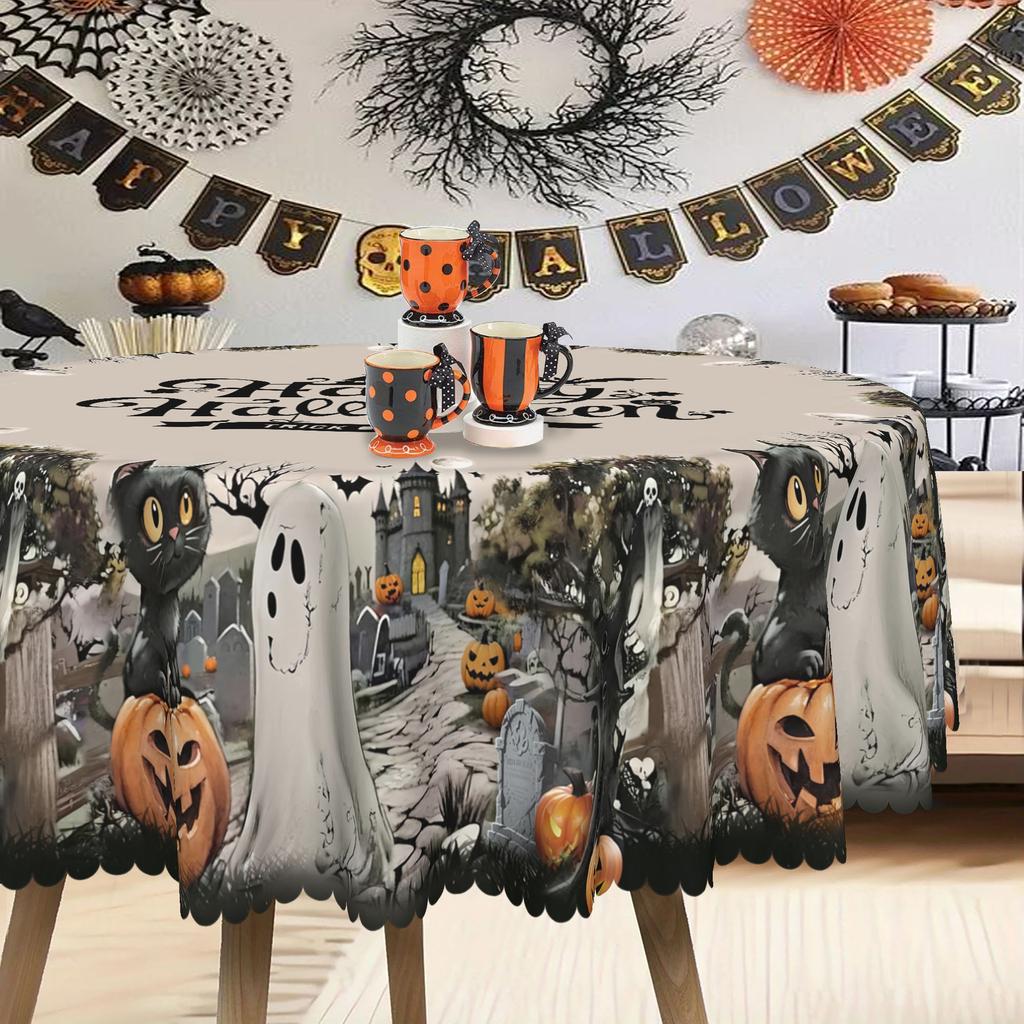 Halloween Themed Tablecloth Scary Pumpkin Castle Black Cat Ghost Party Tablecloth Dinner Arrangement Decorative Tablecloth