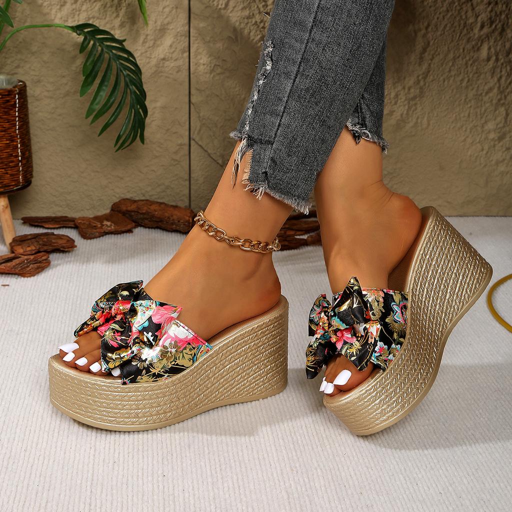 Fashion Wedges Women Shoes 2025 Summer New Shiny Big Butterfly Knot Women's Slipper Super High Heel 9CM Fashion Platform Slides