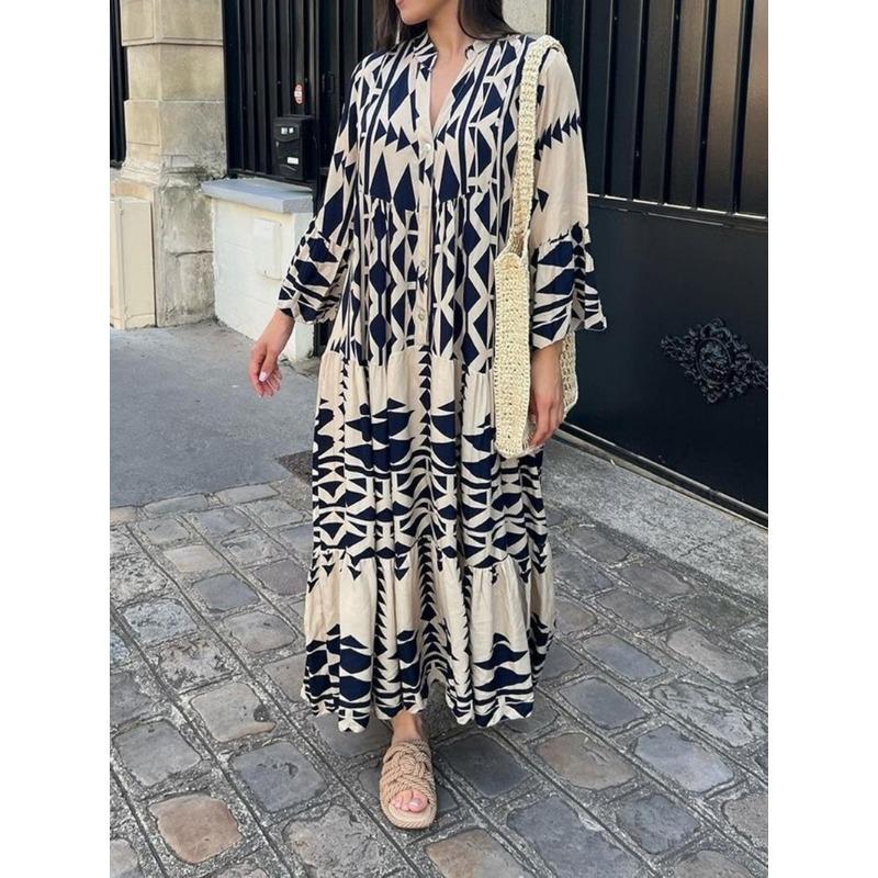 Elegante Maxi Kleid Frauen Casual Streetwear Vintage Geometrische V-ausschnitt Boho Strand Lange Lose Kleider Weibliche Vestidos Robe Ete Femme
