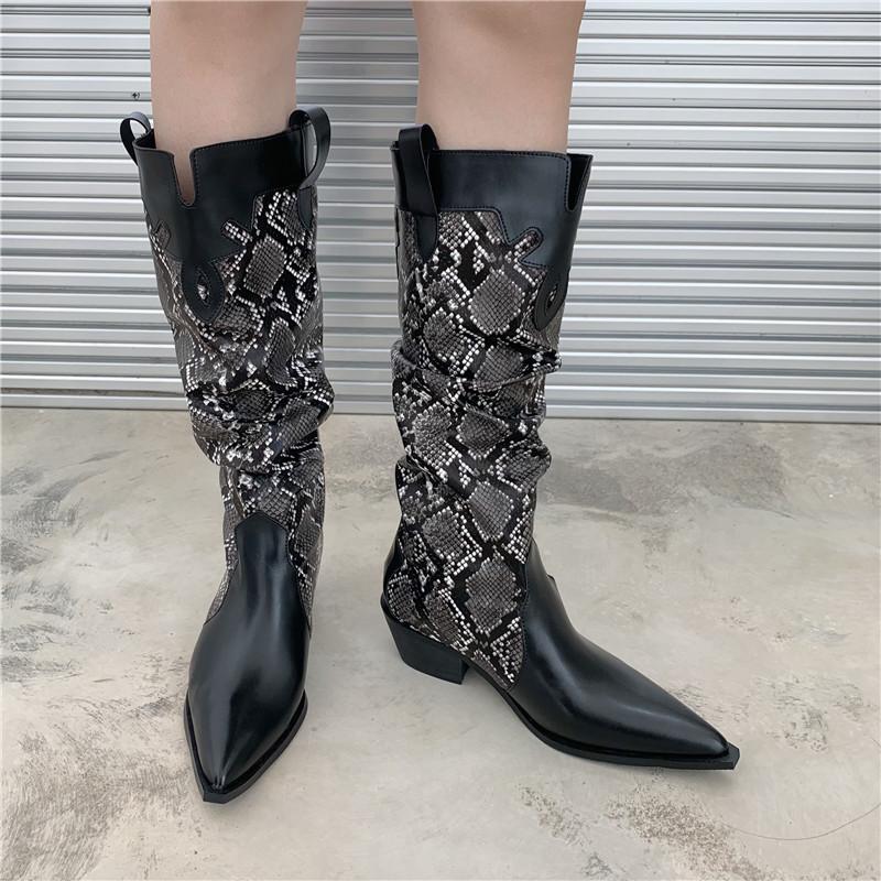 Autumn and Winter Knight Boots Women's Color Matching Pointed Head Thin Thick Heel Medium Heel Boots Long Boots But Knee High Boots