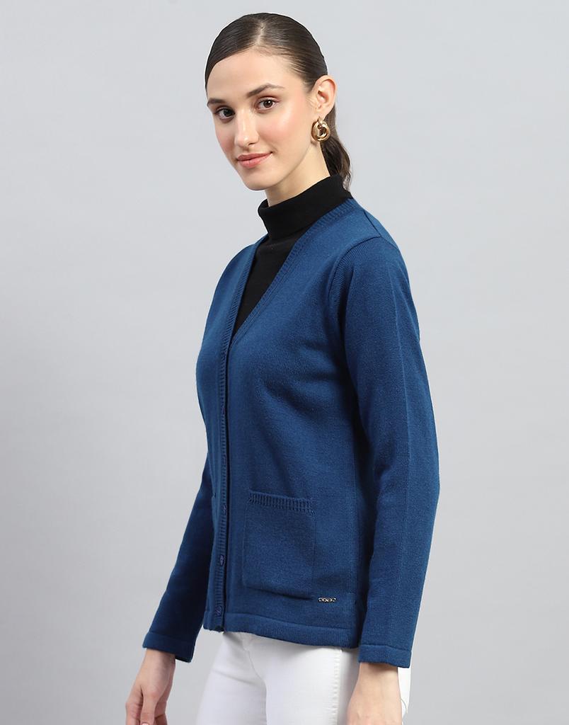 MONTE CARLO Womens Blue Solid V Neck Full Sleeves Cardigan
