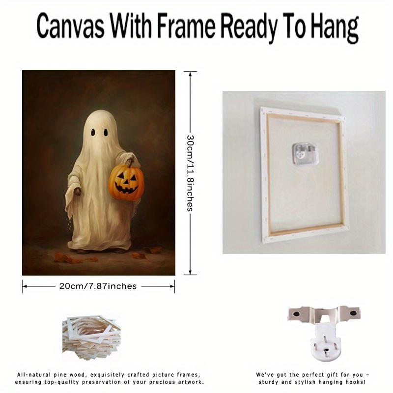 with Wooden Frame - Halloween Modern Art Canvas Poster - Cute Ghost Face Ghost Pumpkin Poster New Year Easter Gift