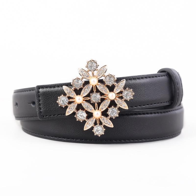 

Женский кожаный ремень с инкрустацией из водяных сверлений для повседневной носки и платьев чёрный