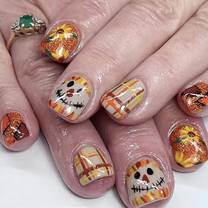 

Thanksgiving Clown Press On Nails Set Easy Application Short Square Nails Stick on Nails French False Nails for Women 1