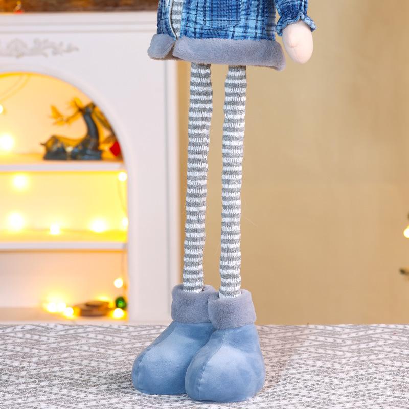 Bambola Telescopica di Natale a Quadri Blu, Statuina di Babbo Natale Pupazzo di Neve Renna in Piedi, Decorazione per Camino Festiva di Natale