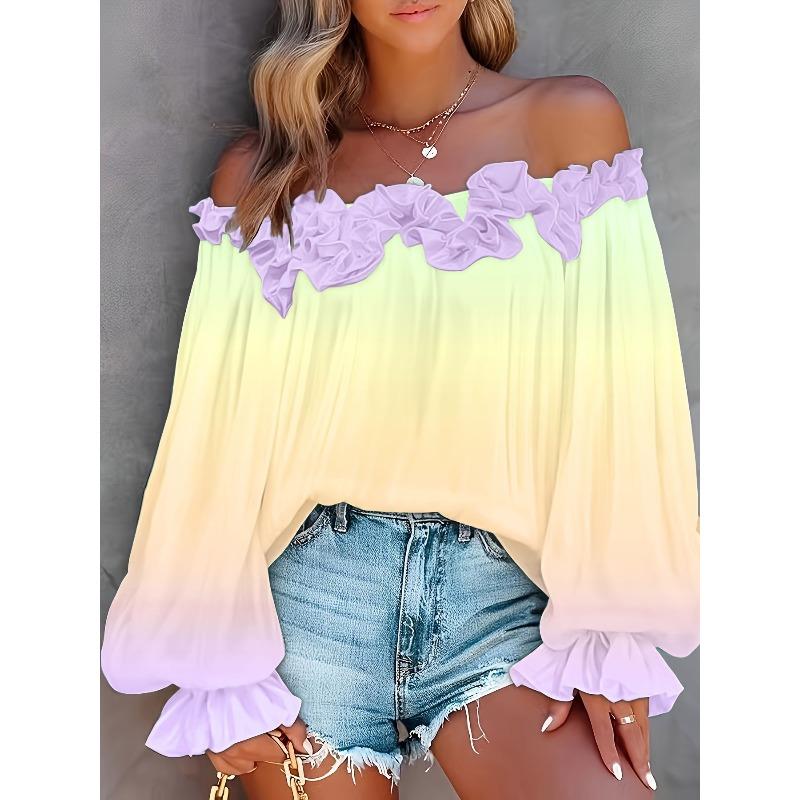 Neue Frühlingskleidung - Stilvolle einärmelige Farbverlauf-Spitzen-Off-Shoulder-Bluse für Damen
