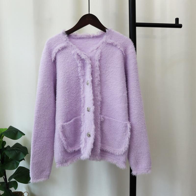 

Вязаный кардиган из искусственного норкового бархата, новый осенне-зимний, с бахромой и необработанным краем, темпераментный, свободный свитер-жакет для женщин one size fits all фиолетовый
