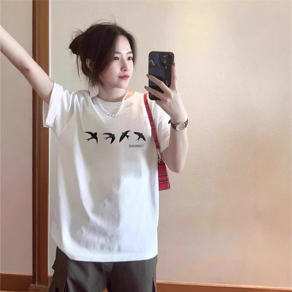 Large Size Summer Pure Cotton White Short-sleeved T-shirt Women's New American Front Shoulder Niche Design Half-sleeved Top