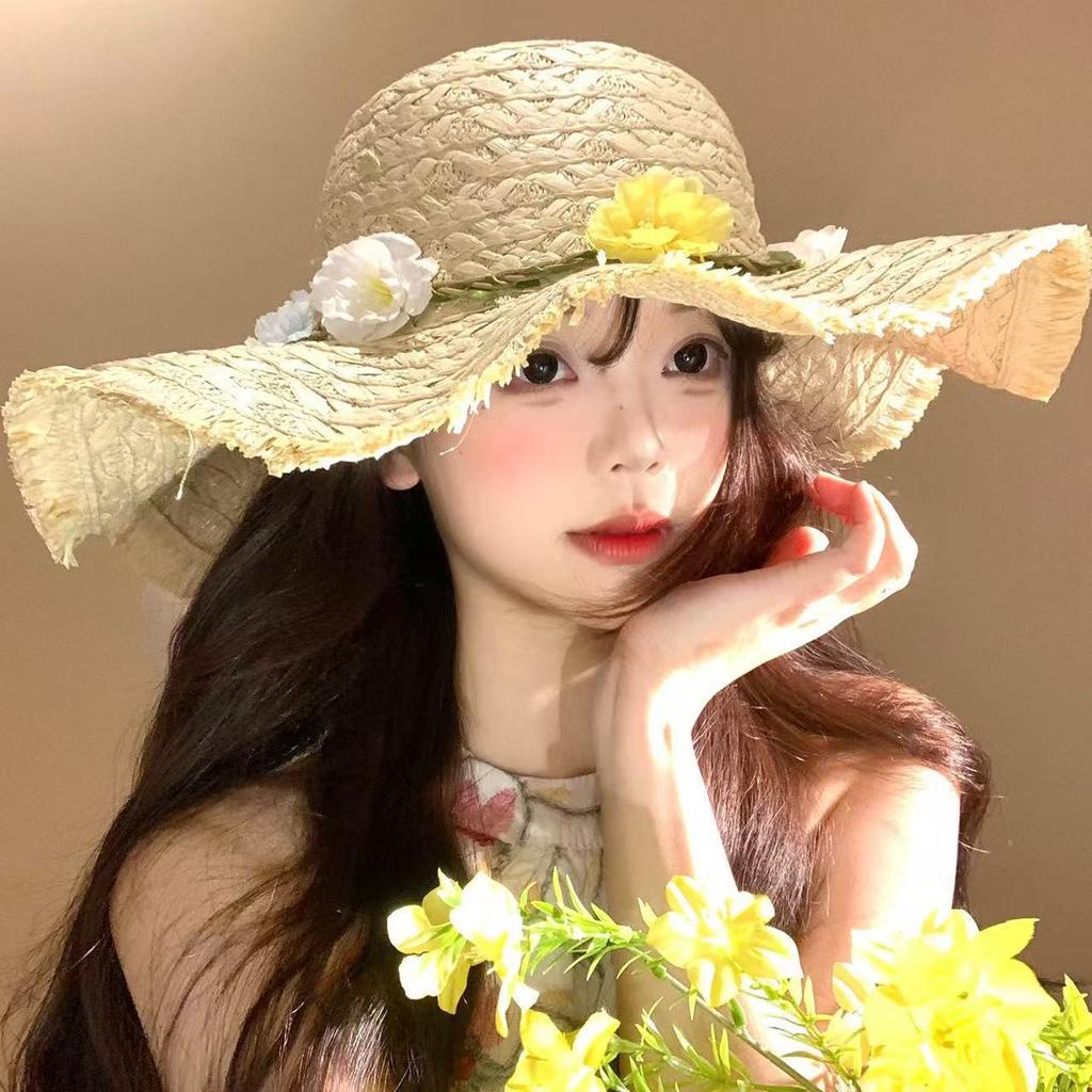 Flower Bow Straw Hat Women's Summer Seaside Beach Vacation Wind Hat Travel Photo Big Brim Sun Hat