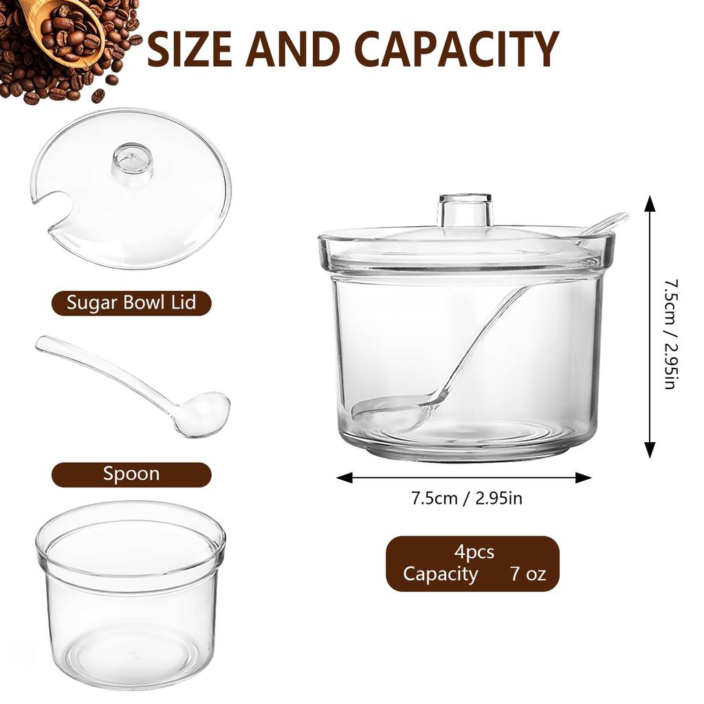 KoMvzyl 4-Piece Countertop Clear Sugar Holder Dispenser with Lid and Spoon, Includes Tags, for Condiments, Candy, Coffee, Tea, Spices, and Herbs