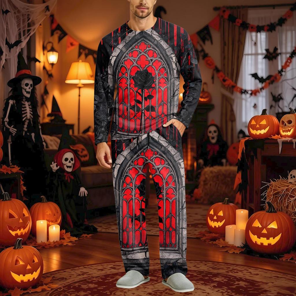 Men's Halloween Pajama Set Long Sleeve Long Pants with Crotch Buttons and Elastic Drawstring Waist