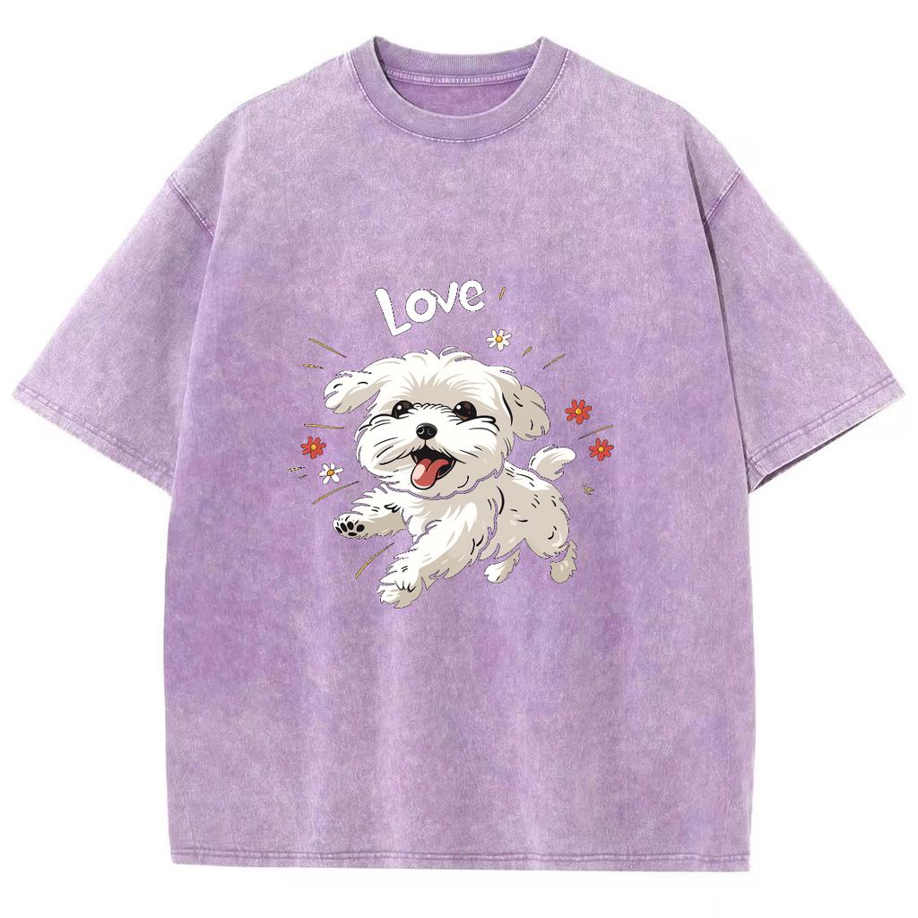 Hand Painted White Bichon Terrier Print Women Wash T-Shirt Oversized Crew Neck Cotton Half Sleeve Summer Cute Sweetheart Top