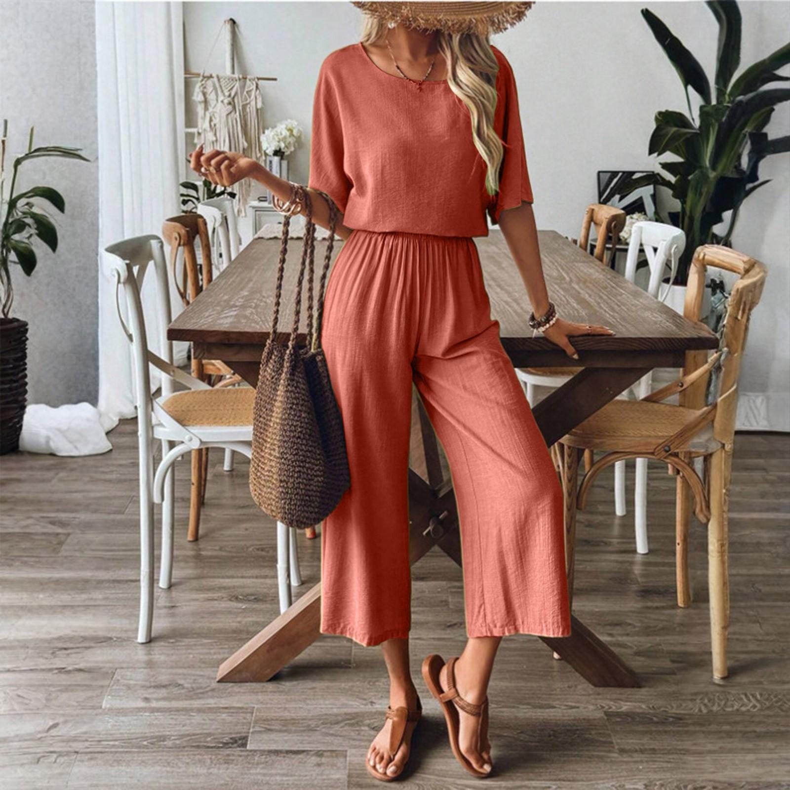 

Женский свободный повседневный весенний костюм-двойка с брюками-палаццо и футболкой с короткими рукавами XL винный