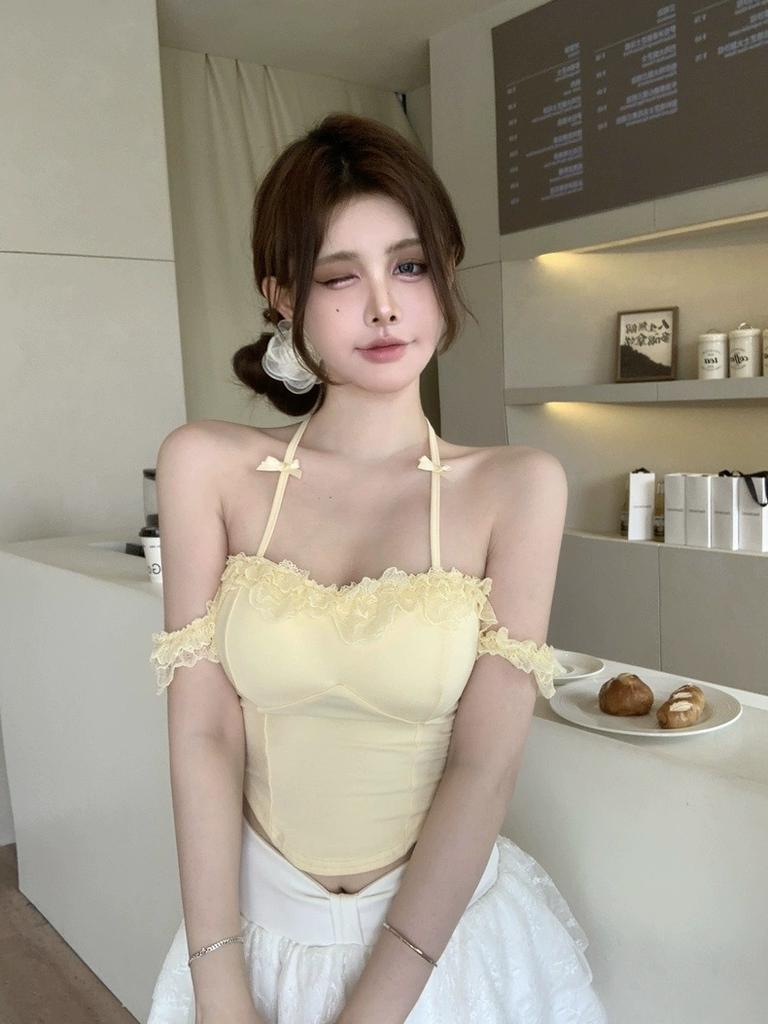 #Human cotton pure desire wind lace one-word shoulder neck bow with chest pad small T-shirt for women's summer spice girls outside