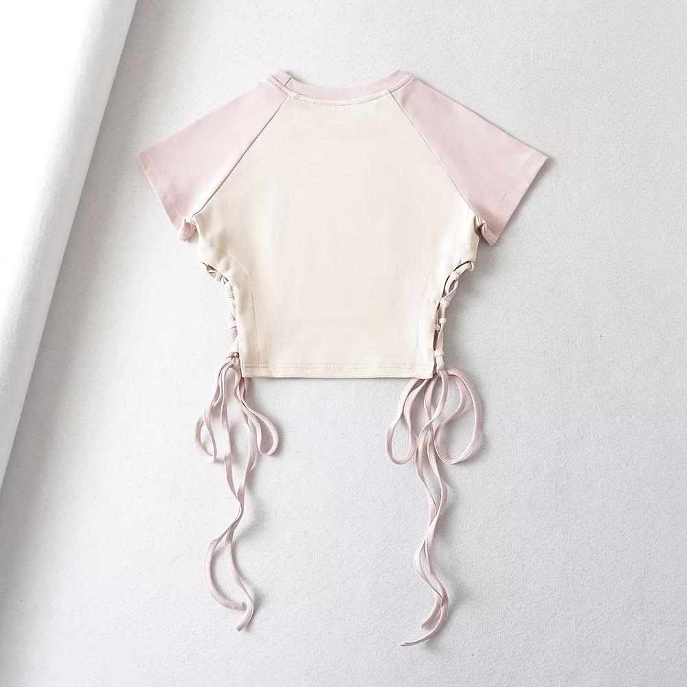 Sommer Frauen T-Shirt Kurzarm Slim T-shirt Patchwork Binden T Tops