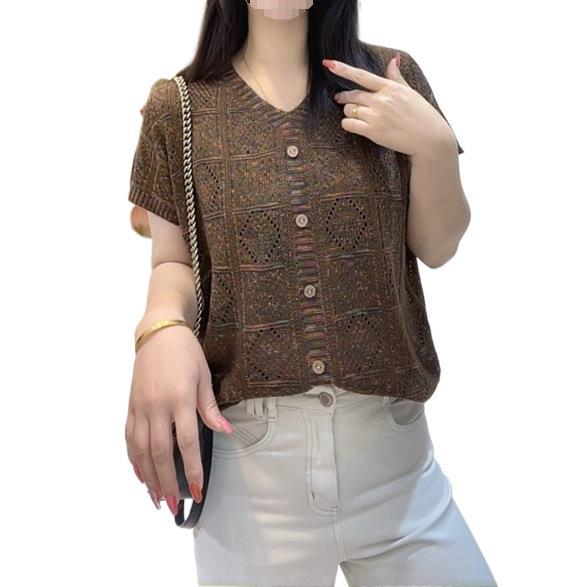 Women's Summer Knit Top with Flutter Sleeves - Breathable, Loose-Fit, Hollow Design, Short-Sleeve, Light Cardigan Style.
