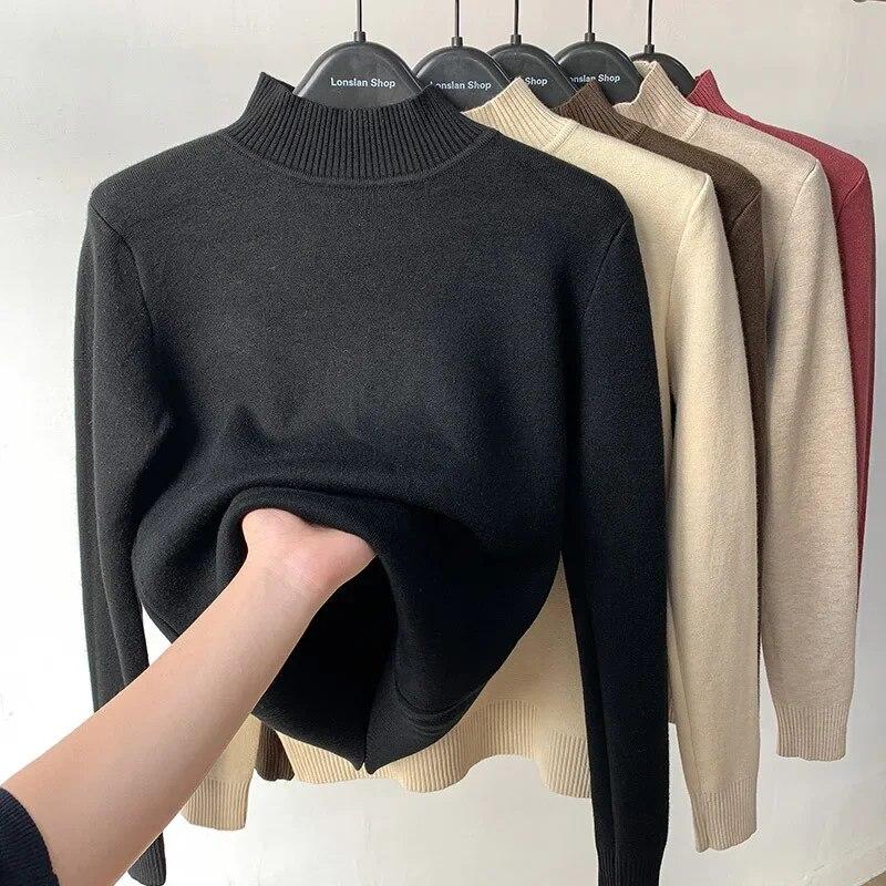 WTEMPO Vintage Turtleneck Winter Sweaters New Casual Knitted Pullover Fashion Fleece Lined Thick Warm Knitwear Women Velvet Tops