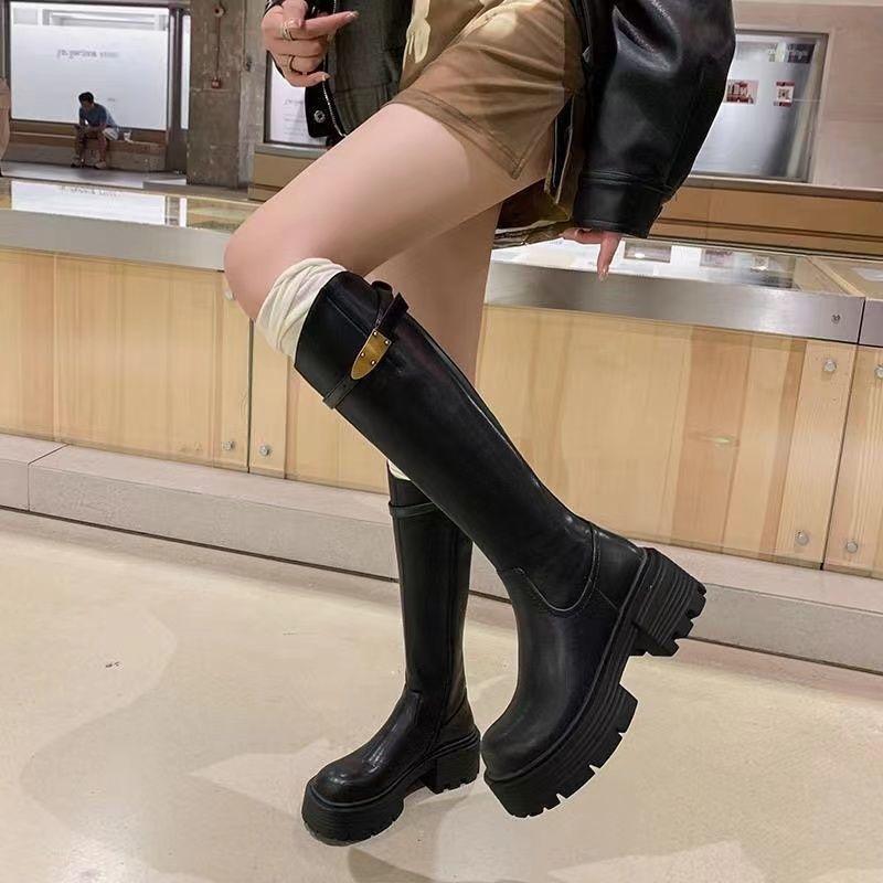 British Style Maillard Knight Boots Women's Tall Tube 2025 Autumn and Winter New Thick-soled Small Velvet Metal Boots