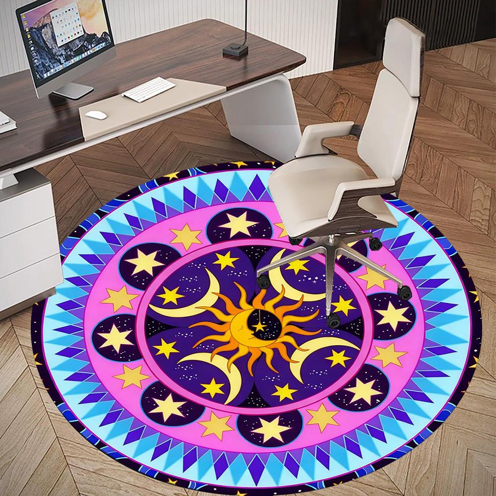 1pc Sun Moon Stars Round Chair mat office Area Rug - Non-Slip, Floor Mat for Office, Bedroom, Ideal home decor gift p0105030